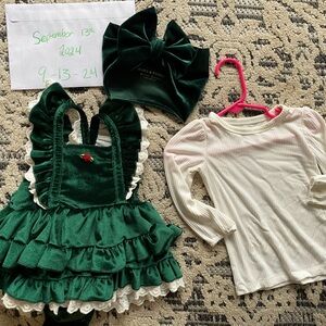 Bums and Roses Green Velvet Tiered Christmas Dress Romper, bow, white shirt